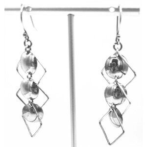 Silver Geometric Earrings 2.5" Dangle Articulated Spheres Triangles Squares
